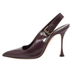 Used Manolo Blahnik Burgundy Leather Pointed Toe Slingback Pumps Size 38