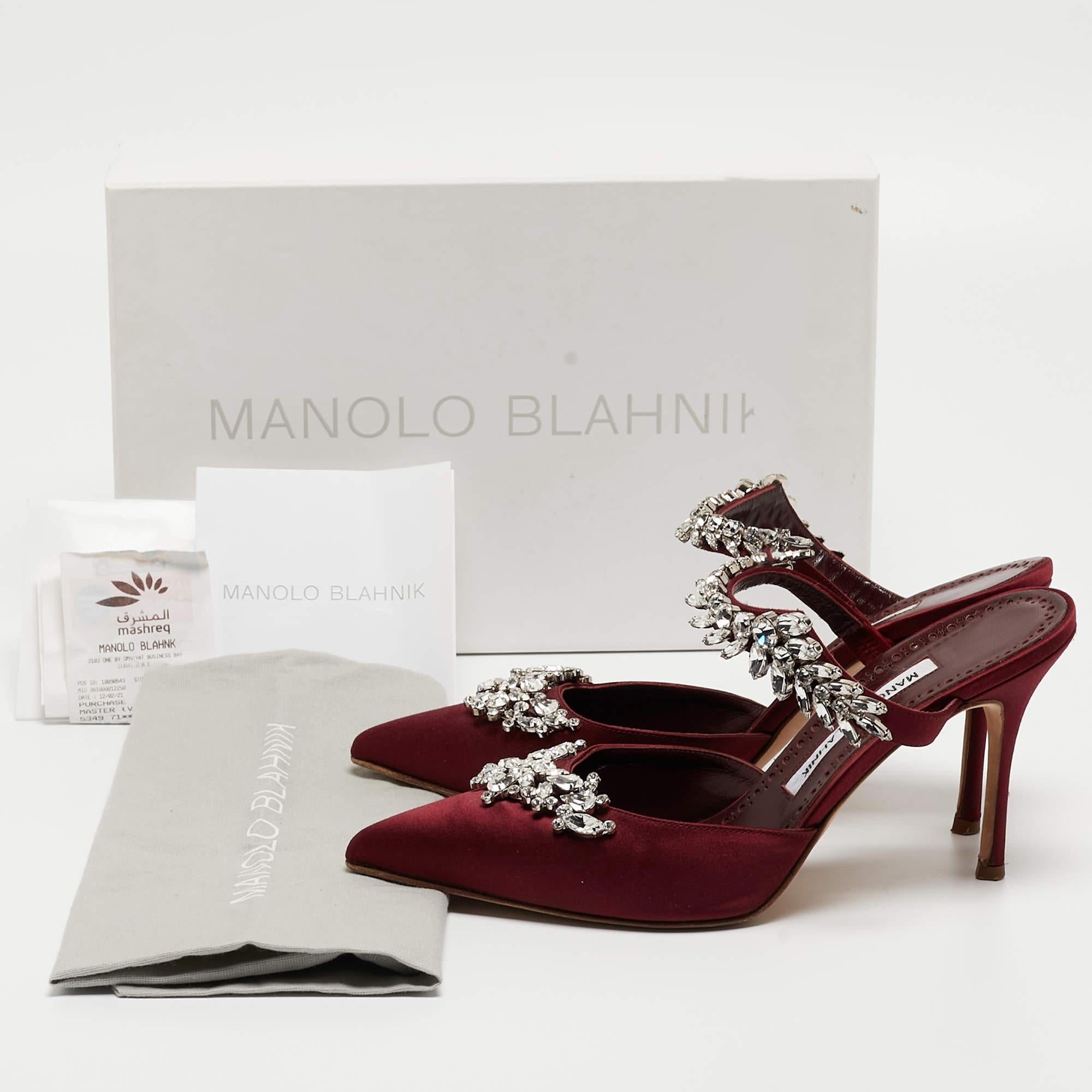 Manolo Blahnik Burgundy Satin Crystal Embellished Lurum Mules Size 38 5