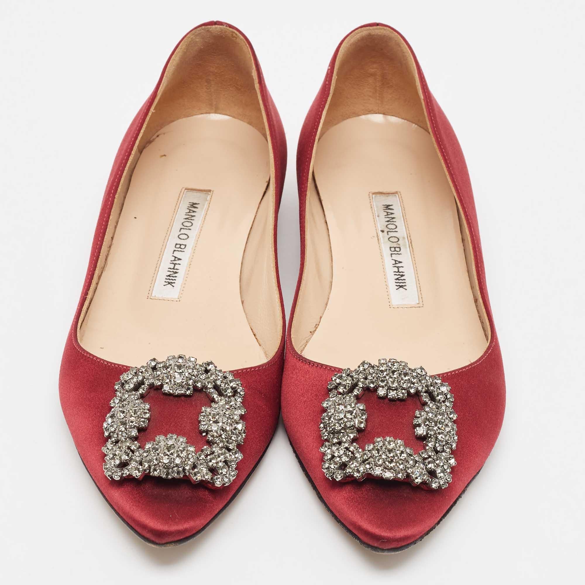 Red Manolo Blahnik Burgundy Satin Hangisi Ballet Flats 37.5