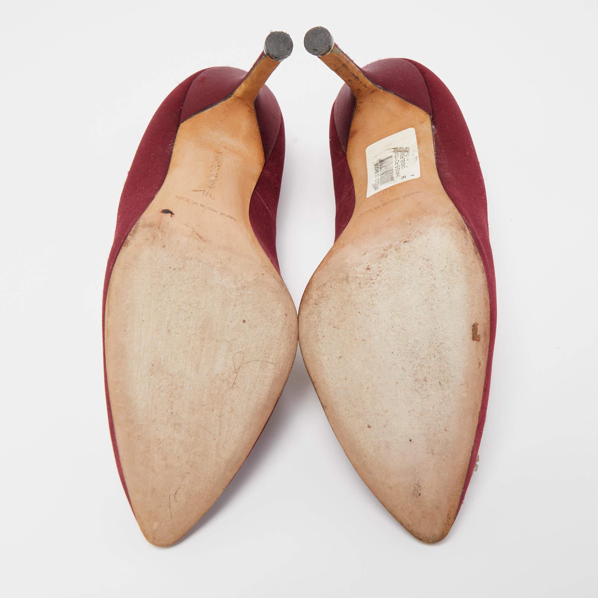 Manolo Blahnik Burgundy Satin Hangisi Embellished Pointed Toe Pumps Size 38 1