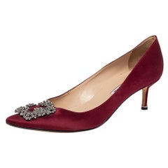 Manolo Blahnik Burgundy Satin Hangisi Embellished Pointed Toe Pumps Size 41