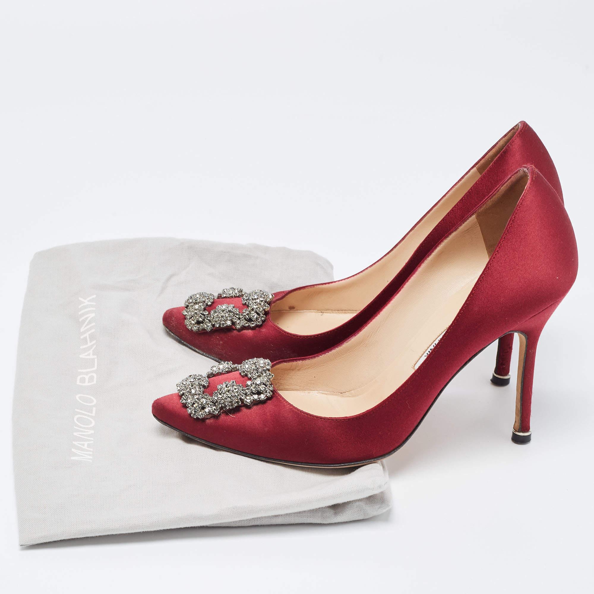 Manolo Blahnik Burgundy Satin Hangisi Pumps  3