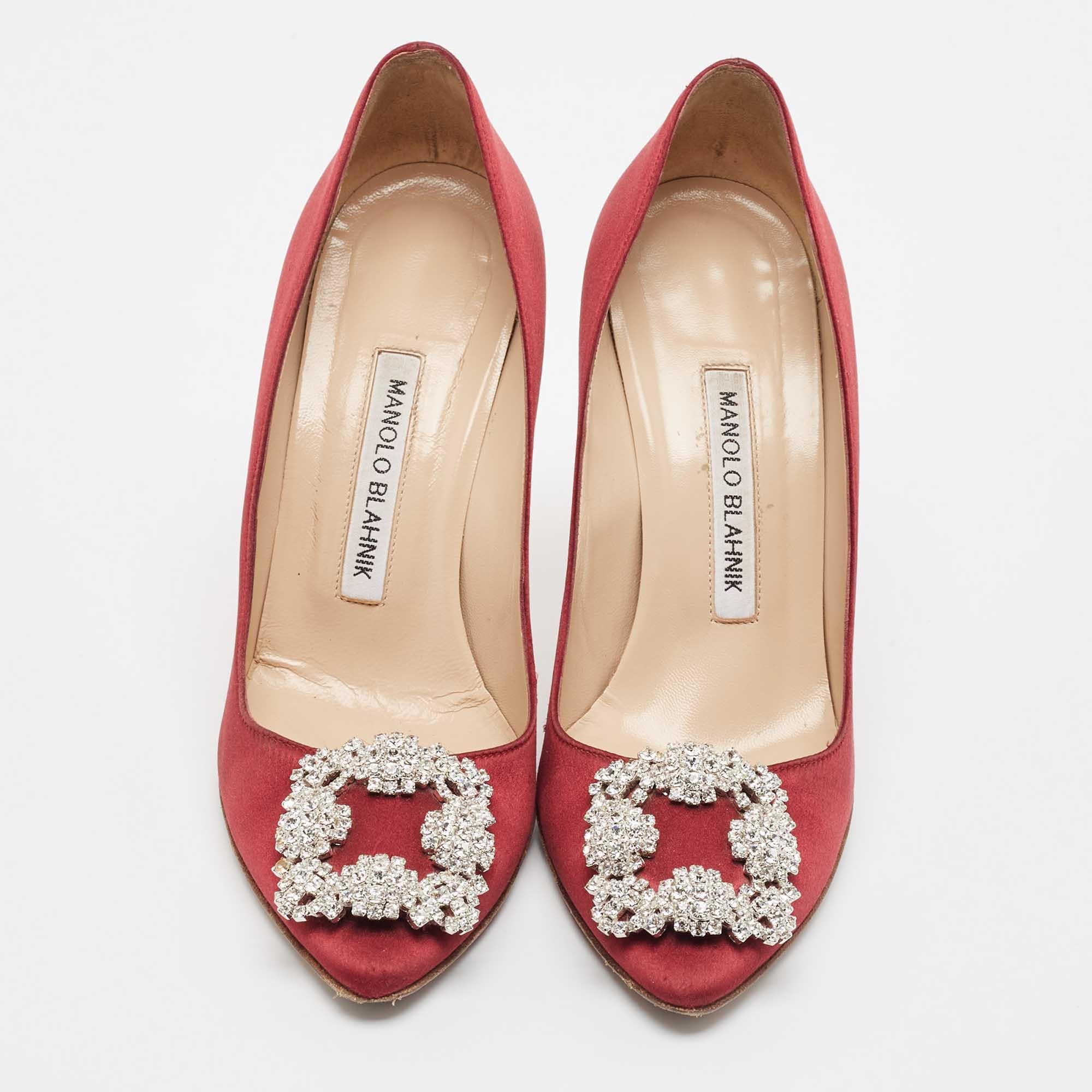 Brown Manolo Blahnik Burgundy Satin Hangisi Pumps Size 36.5