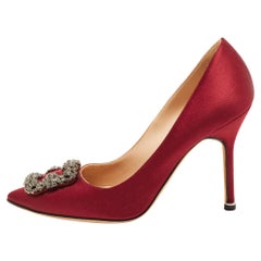 Manolo Blahnik Burgundy Satin Hangisi Pumps Size 37