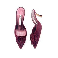 Manolo Blahnik Borgoña Ante Rosa Adornado Puntiagudo Toe Mules Bombas 36.5
