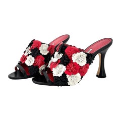 Manolo Blahnik Caninus Flower Leather Embellishments Mules Heeled Sandals 36.5