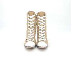 Manolo Blahnik Canvas Lace Up Pointed Toe Heeled Sneakers Boots 37.5