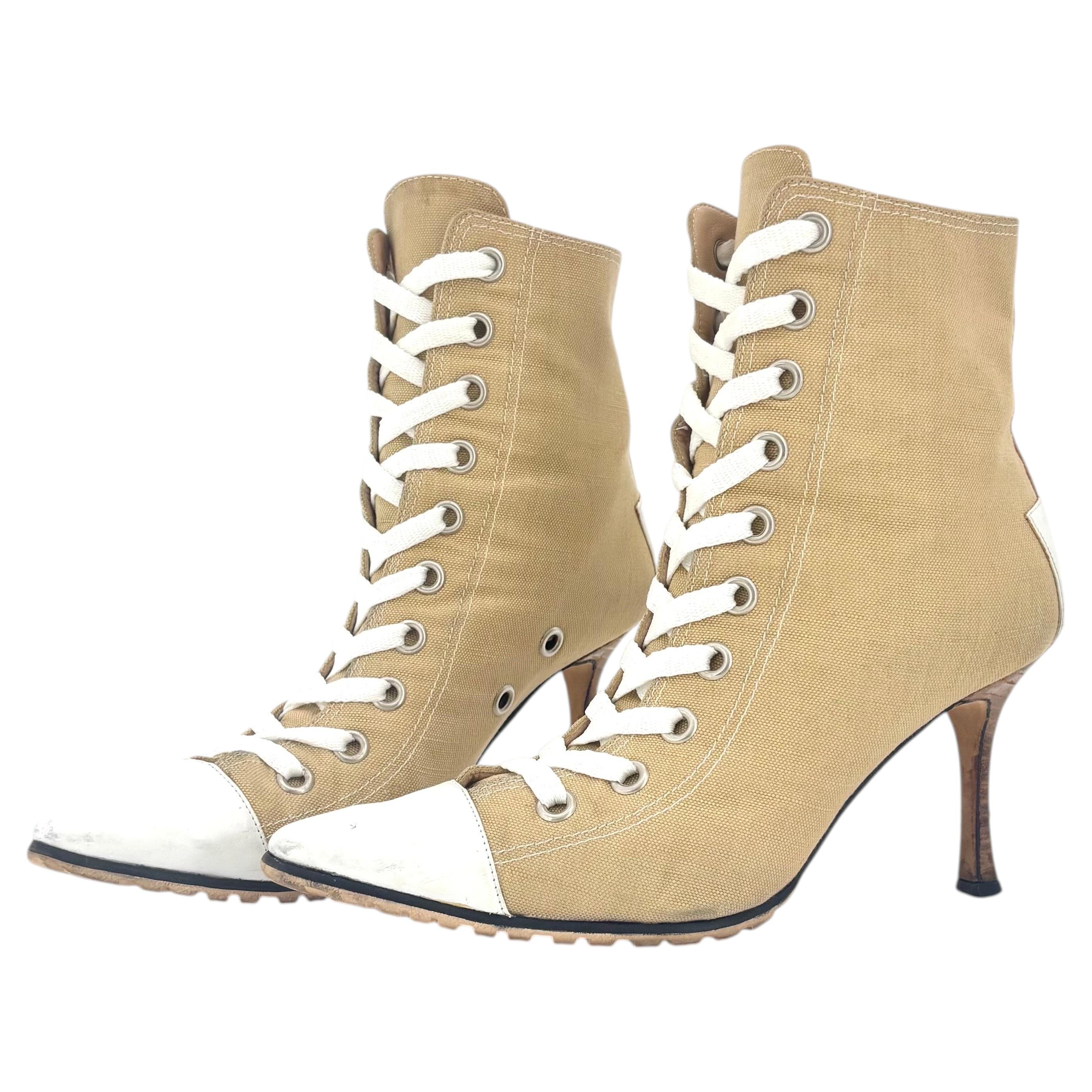 Manolo Blahnik Canvas Lace Up Pointed Toe Heeled Sneakers Boots 37.5