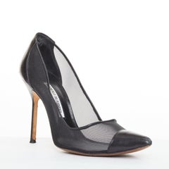 MANOLO BLAHNIK Capcour 90 black sheer mesh leather cap toe stiletto pumps EU37