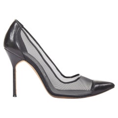 MANOLO BLAHNIK Capcour 90 black sheer mesh leather cap toe stiletto pumps EU37