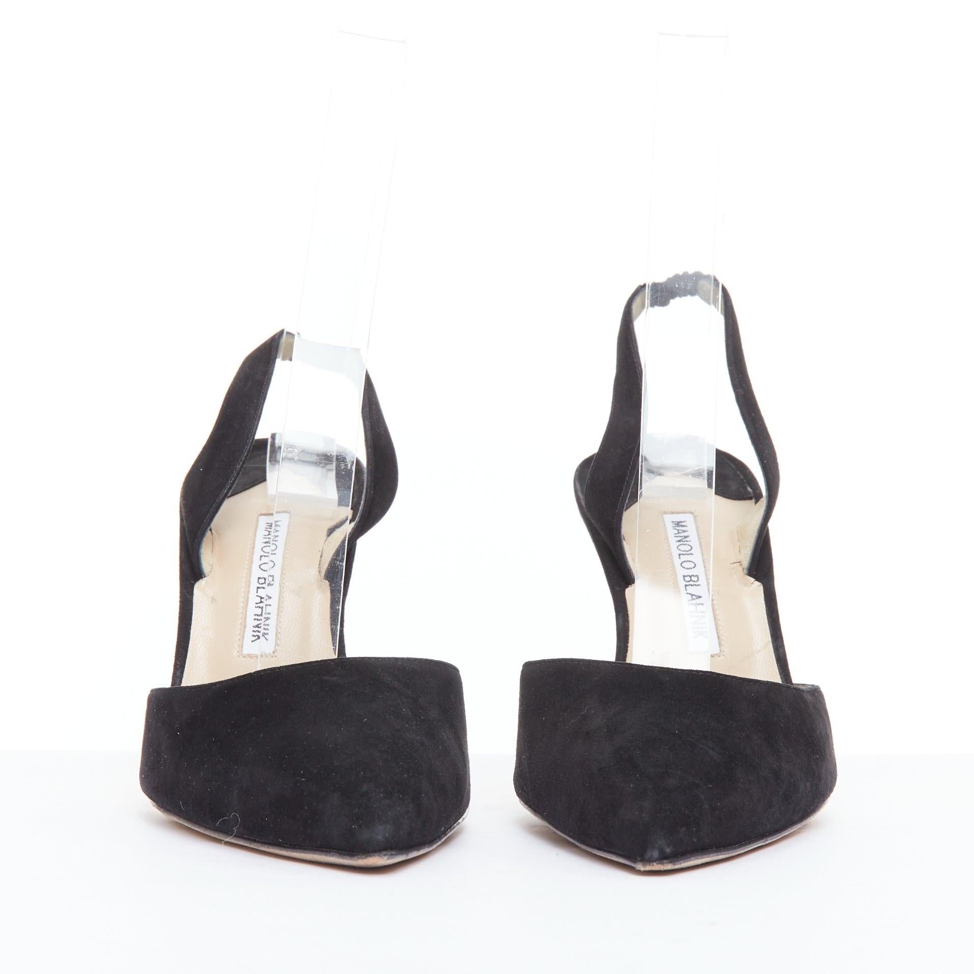 Black MANOLO BLAHNIK Carolyne 90 black suede slingback pumps EU39