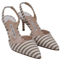Manolo Blahnik Carolyne Pointy Toe Slingback Pumps in Beige Canvas