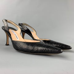 MANOLO BLAHNIK Carolyne Size 10 Black Alligator Leather Slingback Pumps