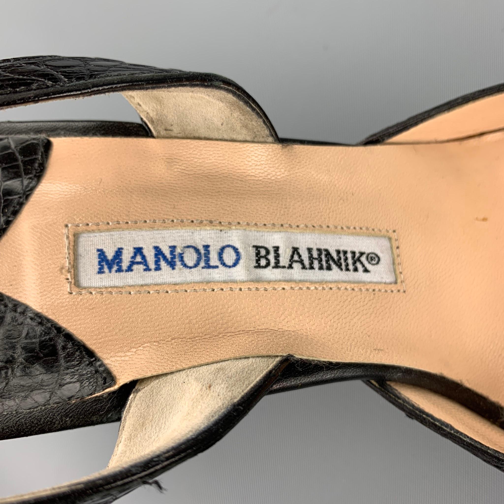 MANOLO BLAHNIK Carolyne Size 10 Black Alligator Leather Slingback Pumps In Good Condition In San Francisco, CA