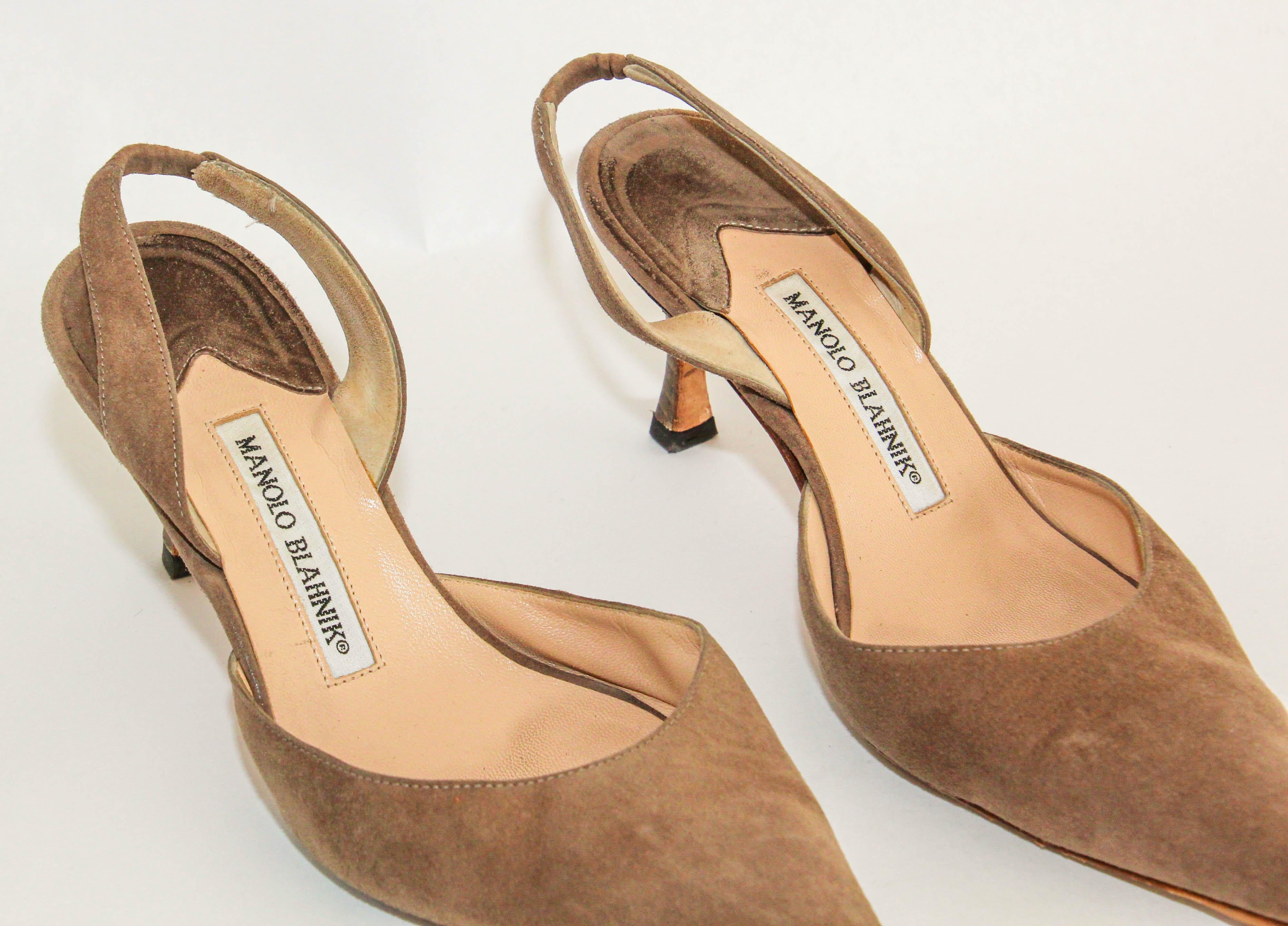 MANOLO BLAHNIK Slingback Suede Brown Pump Size 37.5 EU 7.5 US In Good Condition In North Hollywood, CA