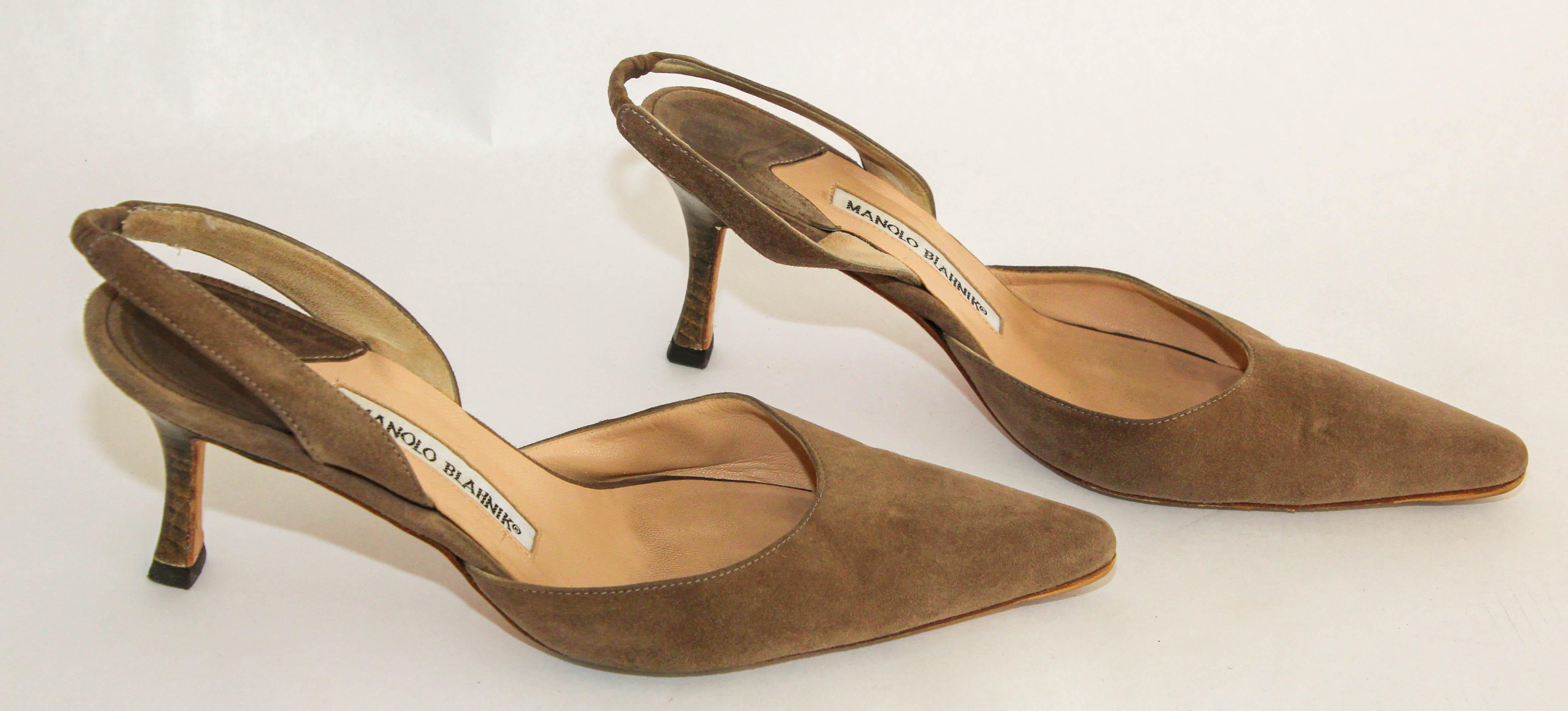 Women's MANOLO BLAHNIK Slingback Suede Brown Pump Size 37.5 EU 7.5 US