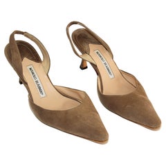 Retro MANOLO BLAHNIK Slingback Suede Brown Pump Size 37.5 EU 7.5 US