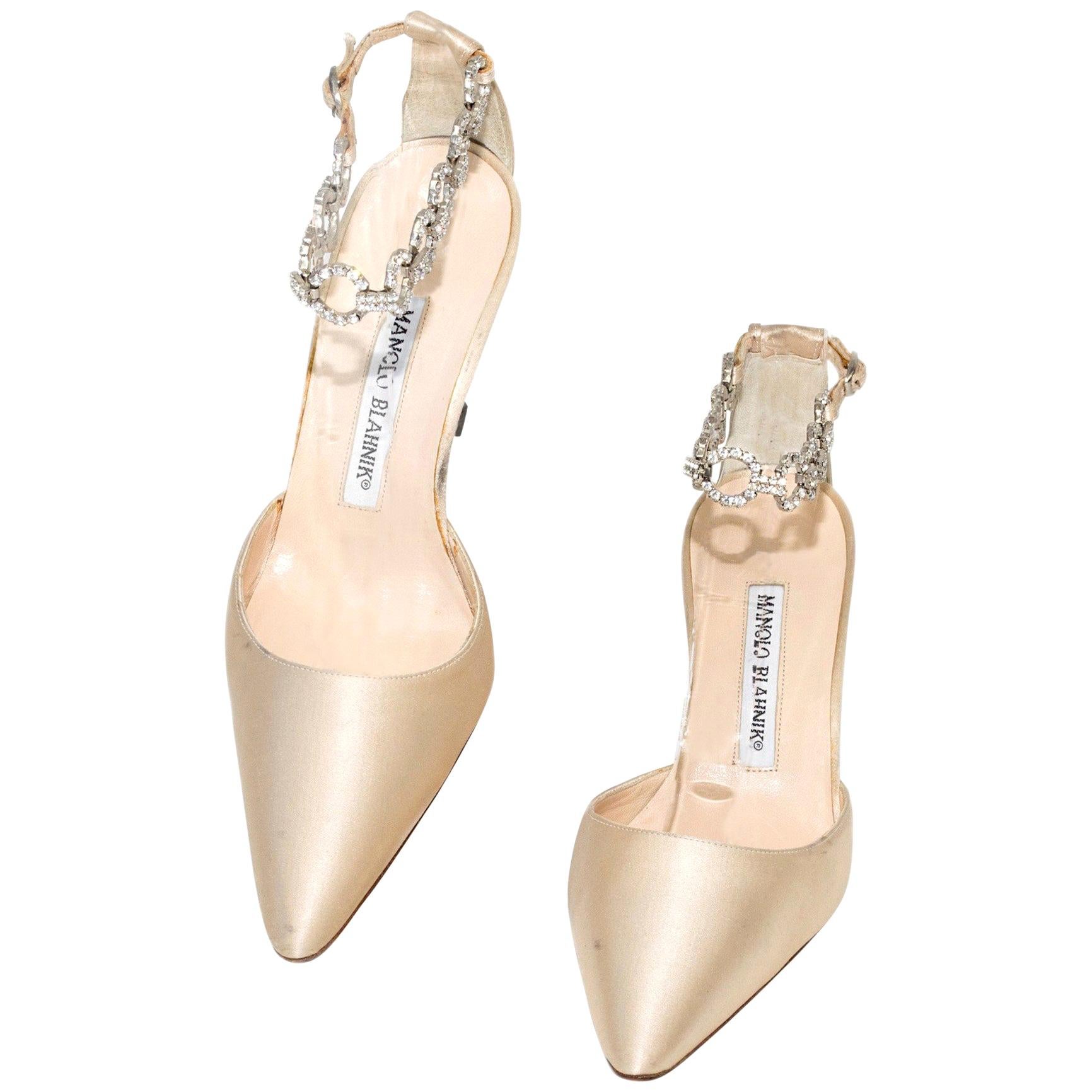 Manolo Blahnik Champagne Pointed Toe Heel With Rhinestone Ankle Strap