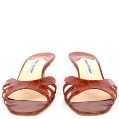 MANOLO BLAHNIK cognac brown CROCODILE KITTEN Heel Mule Sandals Shoes 38.5
