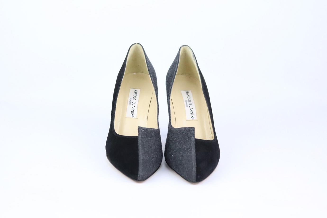 These pumps by Manolo Blahnik are a classic style that will never date, made in Italy from supple black and grey leather, they have pointed toes and comfortable 76 mm heels to take you from morning meetings to dinner with friends. Heel measures