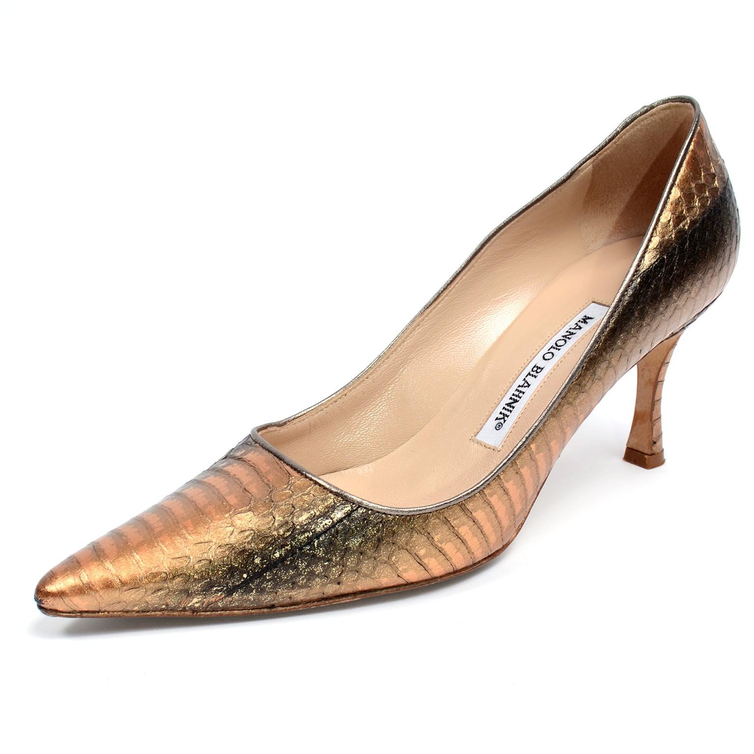 Manolo Blahnik Copper Rose Bronze Snakeskin Pumps With Heels & Pointed Toe In Good Condition In Portland, OR