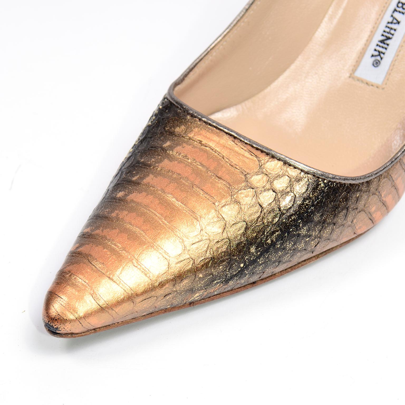 Women's Manolo Blahnik Copper Rose Bronze Snakeskin Pumps With Heels & Pointed Toe