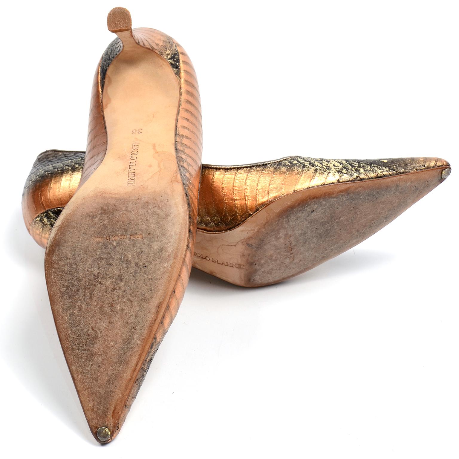 Manolo Blahnik Copper Rose Bronze Snakeskin Pumps With Heels & Pointed Toe 1