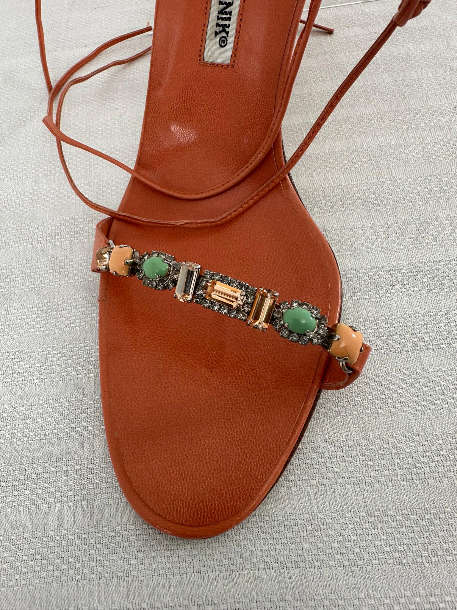Brown Manolo Blahnik Coral Leather Jewel Toe Bar Ankle Wrap High Heel Sandals 39 For Sale