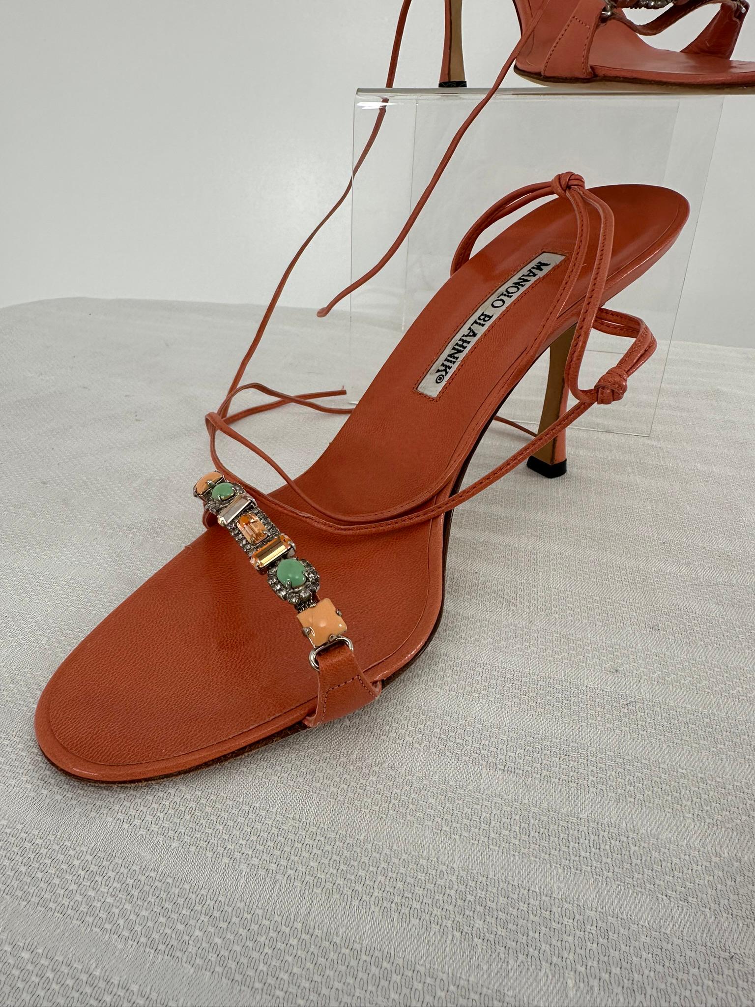 Women's Manolo Blahnik Coral Leather Jewel Toe Bar Ankle Wrap High Heel Sandals 39 For Sale