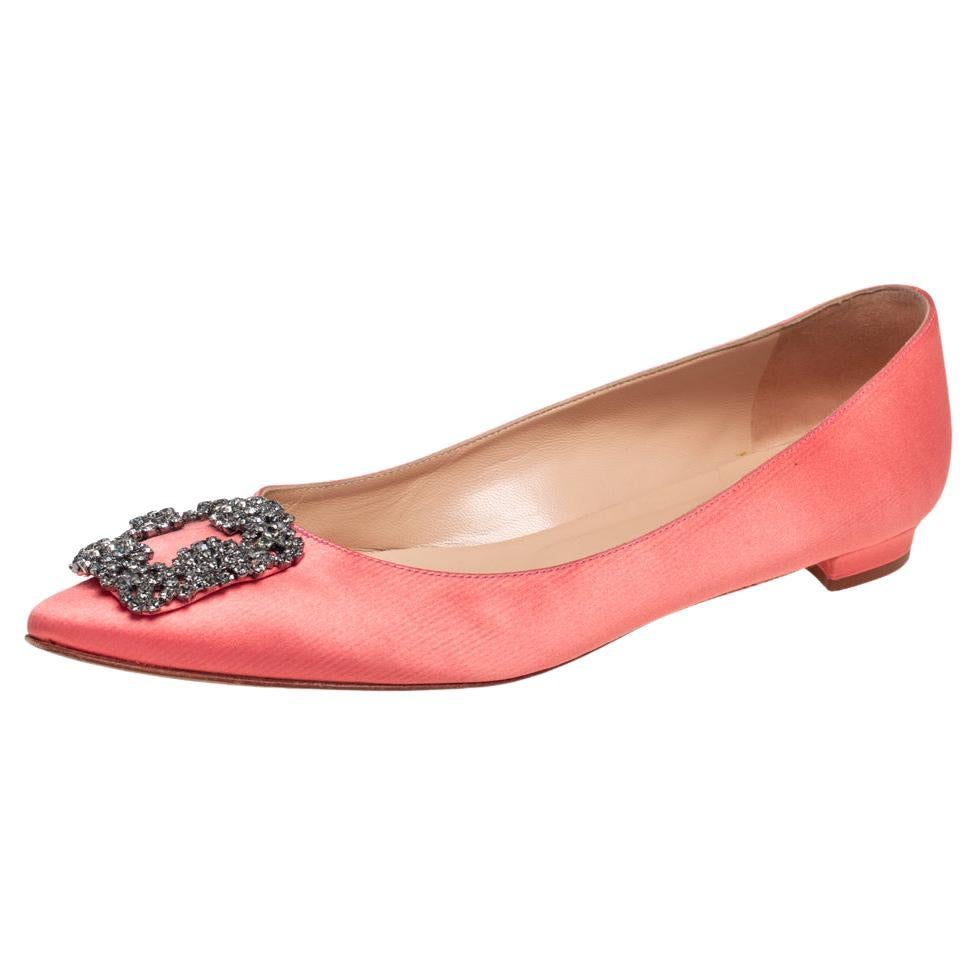 Manolo Blahnik Coral Pink Satin Hangisi Embellished Ballet Flats Size 39.5