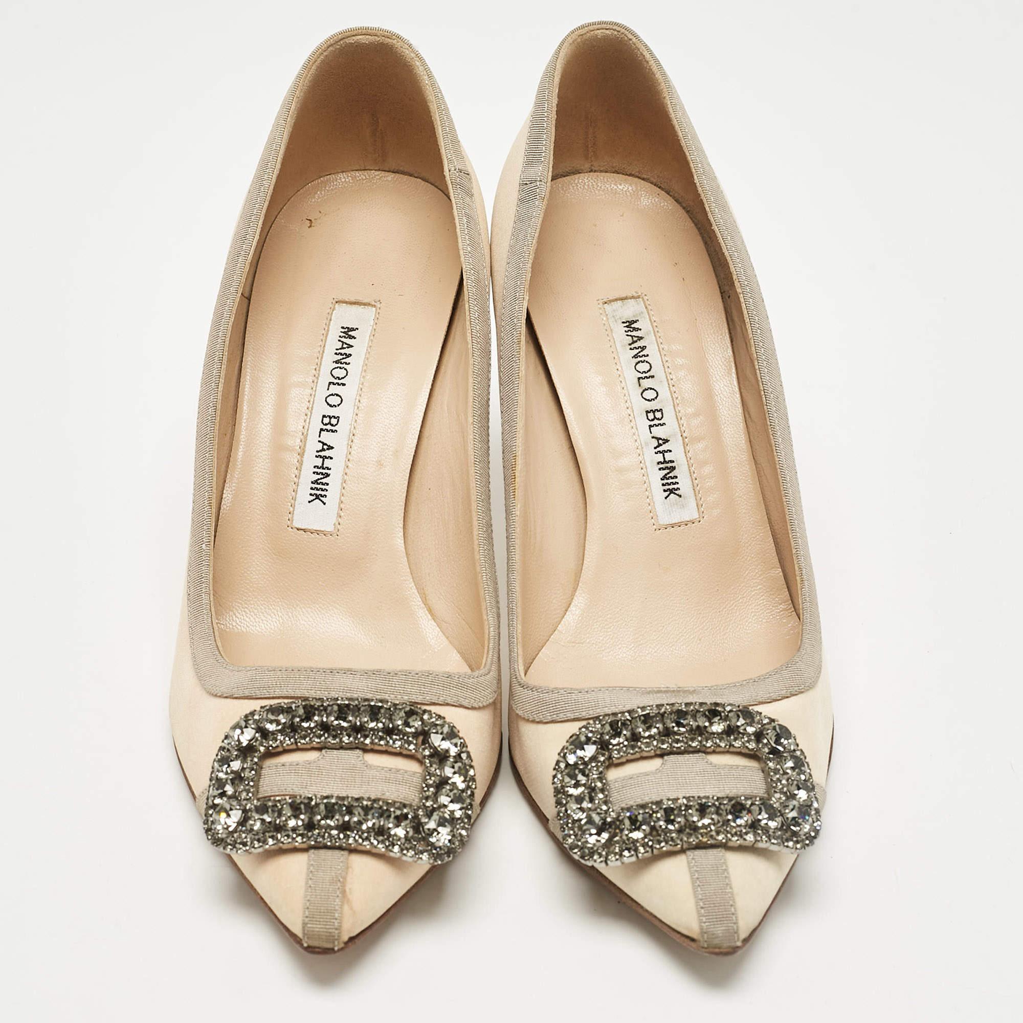 Beige Escarpins gotrians Manolo Blahnik crème/gris en toile et tissu, taille 36,5