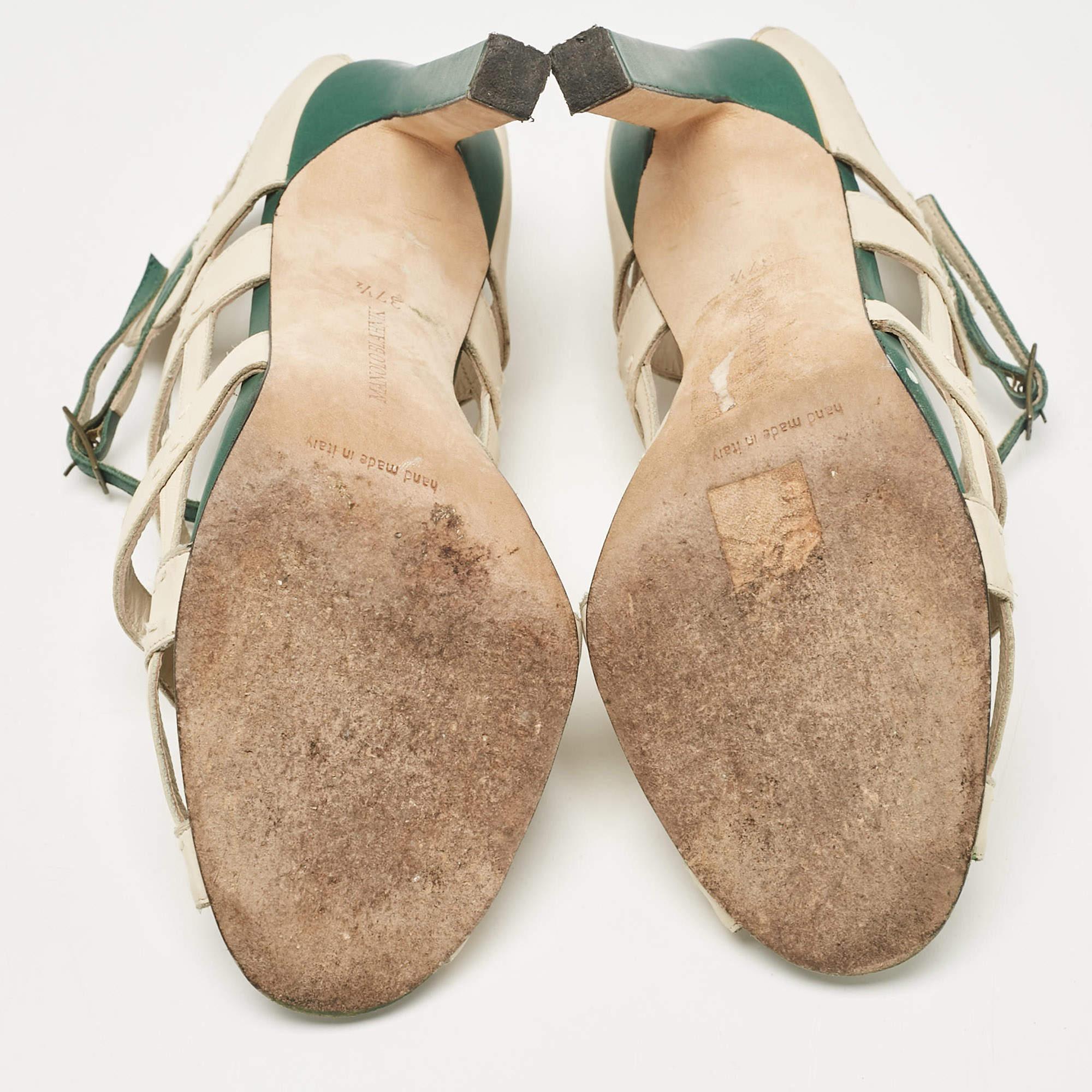 Manolo Blahnik Cream Leather Ankle Strap Sandals Size 37.5 For Sale 1