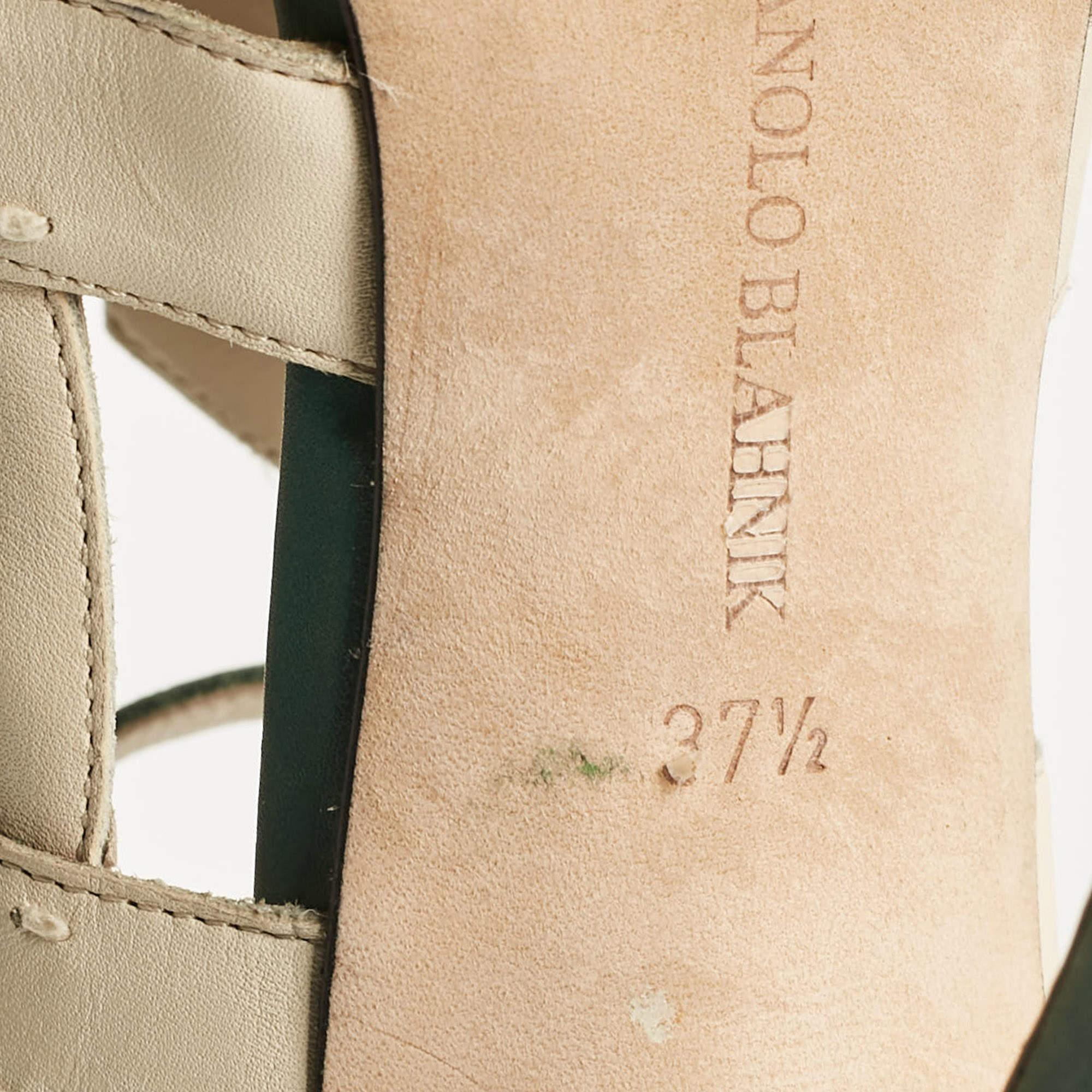 Manolo Blahnik Cream Leather Ankle Strap Sandals Size 37.5 For Sale 3
