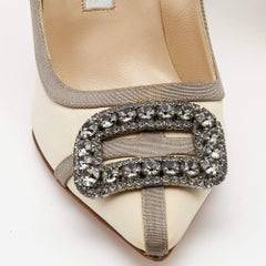 Manolo Blahnik Creme Fabric Gotrian Crystals Embellished Pumps