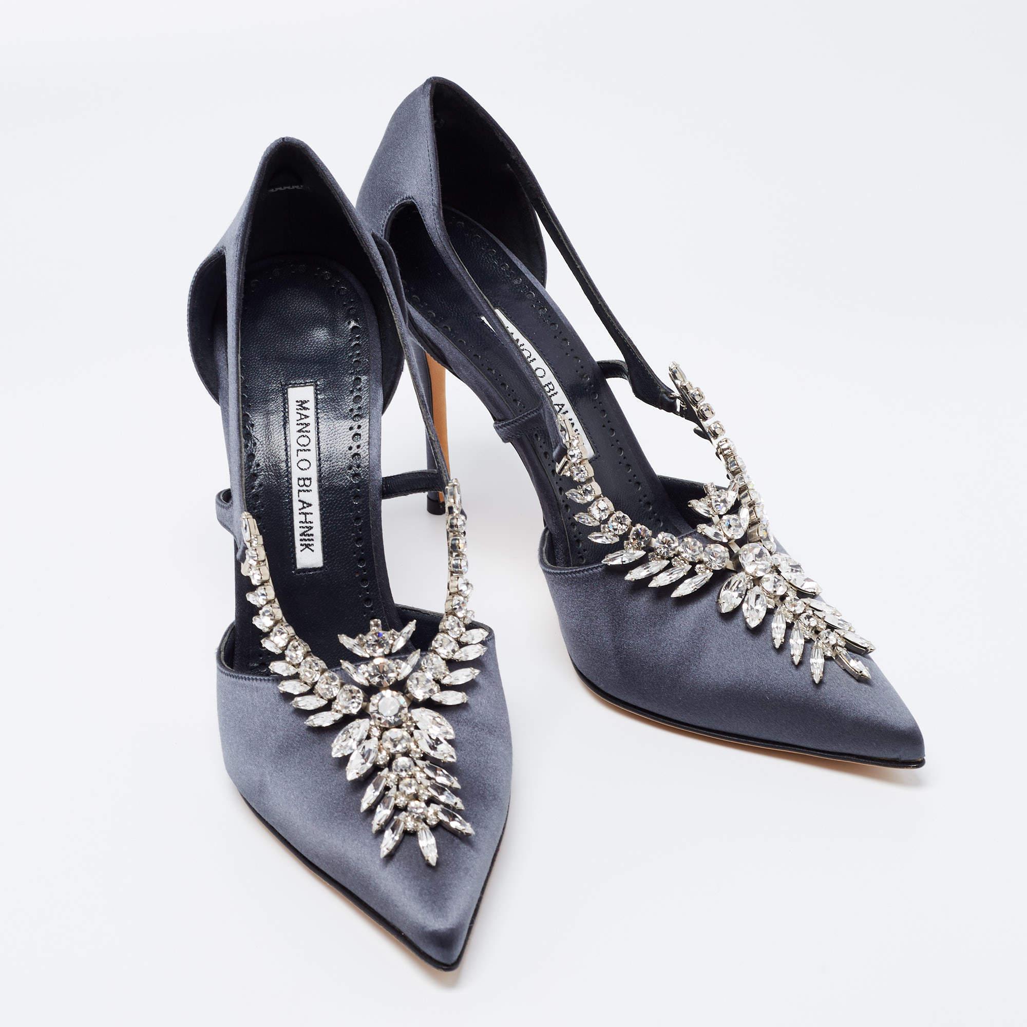 Women's Manolo Blahnik Dark Grey Satin Crystal Embellished Pointed Toe Pumps Size 40 For Sale