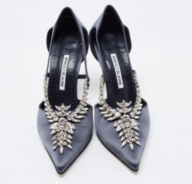 Manolo Blahnik Dark Grey Satin Lala Crystal Pointed Toe Pumps Size 40 For Sale 3
