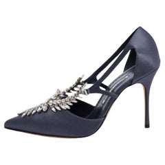 Manolo Blahnik Dark Grey Satin Lala Crystal Pointed Toe Pumps Size 40