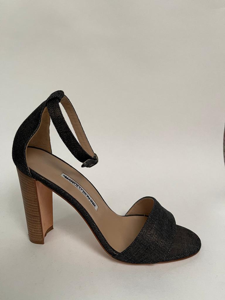 Chin denim sandal with ankle strap and stacked heel
