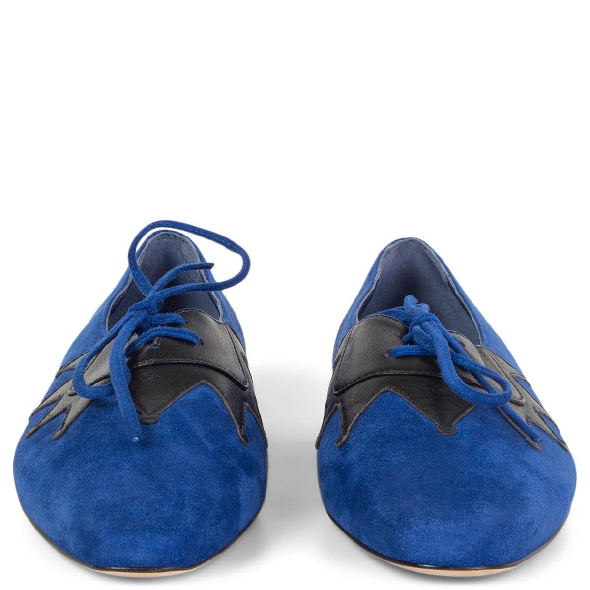 100% authentic Manolo Blahnik Harlekin pointed-toe Oxford style shoes in royal blue suede and black calfskin. Brand new. 

Measurements
Imprinted Size	36.5
Shoe Size	36.5
Inside Sole	24cm (9.4in)
Width	7cm (2.7in)
Heel	1cm (0.4in)

All our listings