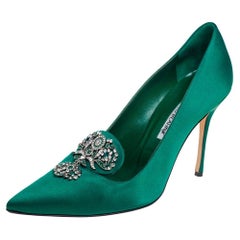 Manolo Blahnik Emerald Green Satin Embellishment Pumps Size 39.5