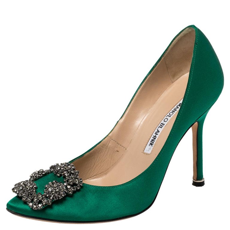 Manolo Blahnik Emerald Green Satin Hangisi Pumps Size 34.5 at 1stDibs |  green manolo blahnik, manolo blahnik green heels