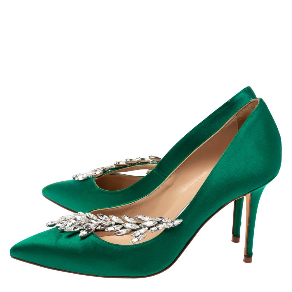 Manolo Blahnik Emerald Green Satin Nadira Crystal Embellished Pointed ...