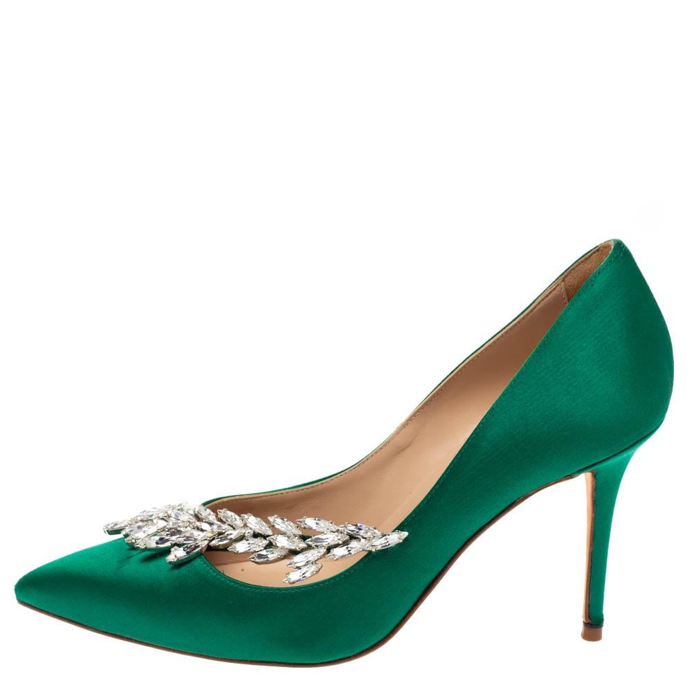 Women's Manolo Blahnik Emerald Green Satin Nadira Crystal Embellished Pointed Toe Pumps 