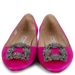 MANOLO BLAHNIK fuchsia pink satin HANGISI CRYSTAL Ballet Flats Shoes 37
