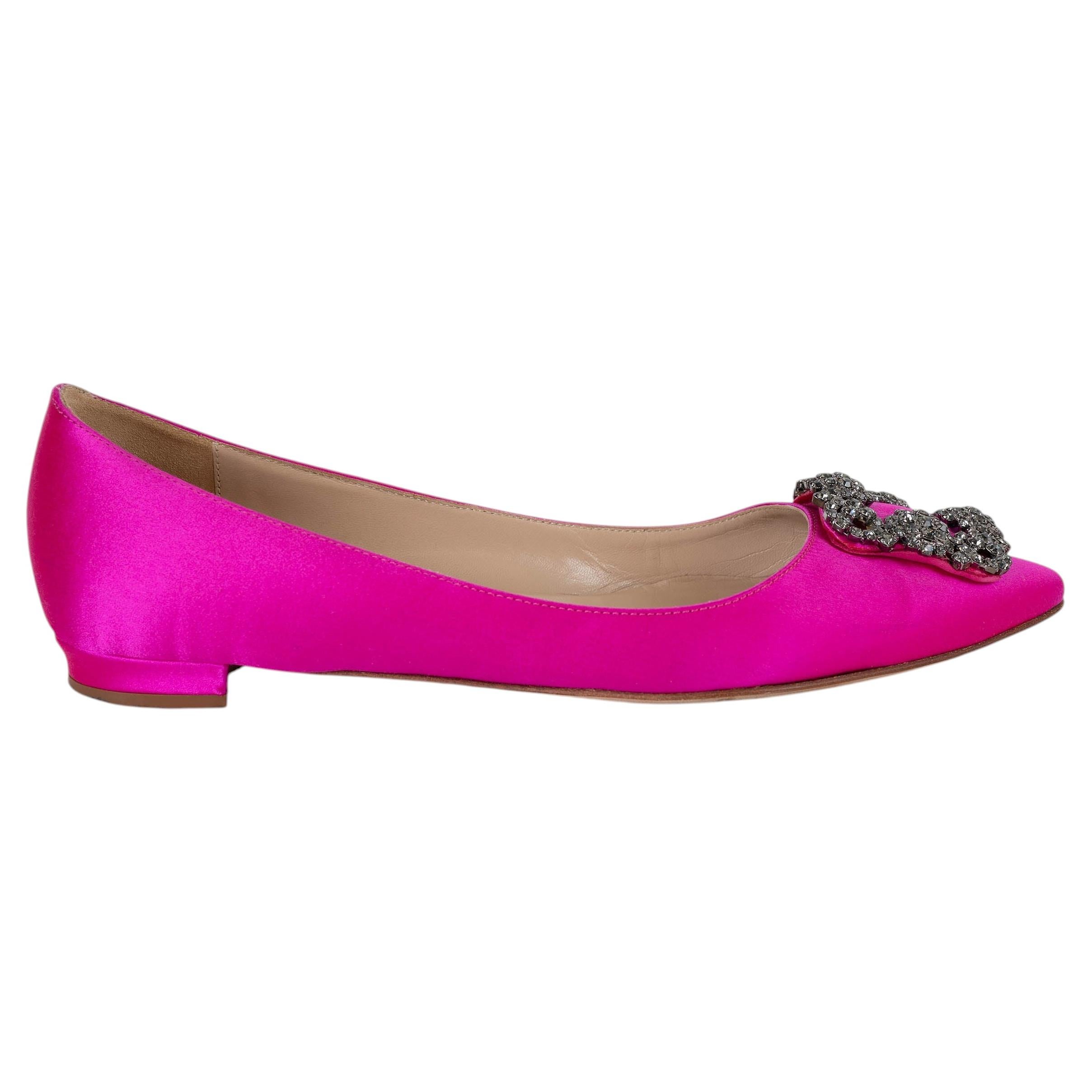 MANOLO BLAHNIK fuchsia rosa satin HANGISI CRYSTAL Ballet Flats Schuhe 37