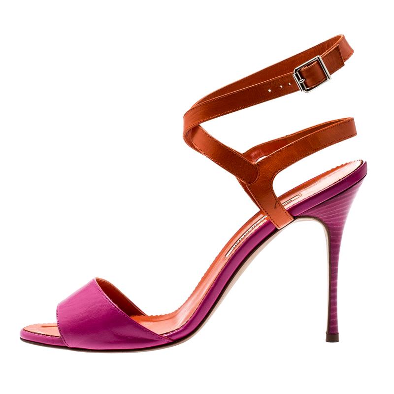 Manolo Blahnik Fuschia Pink /Orange Leather Ankle Strap Sandals Size 40