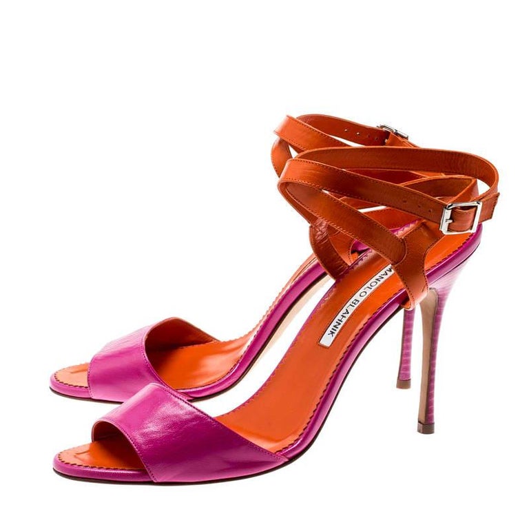 Manolo Blahnik Fuschia Pink /Orange Leather Ankle Strap Sandals Size 40 ...