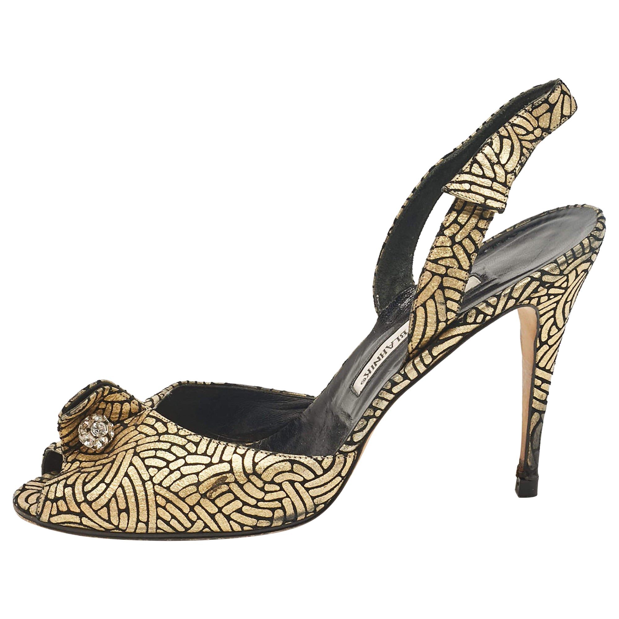 Manolo Blahnik Gold/Black Leather Slingback Sandals Size 40