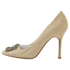 Manolo Blahnik Gold Glitter Fabric Hangisi Pumps Size 38