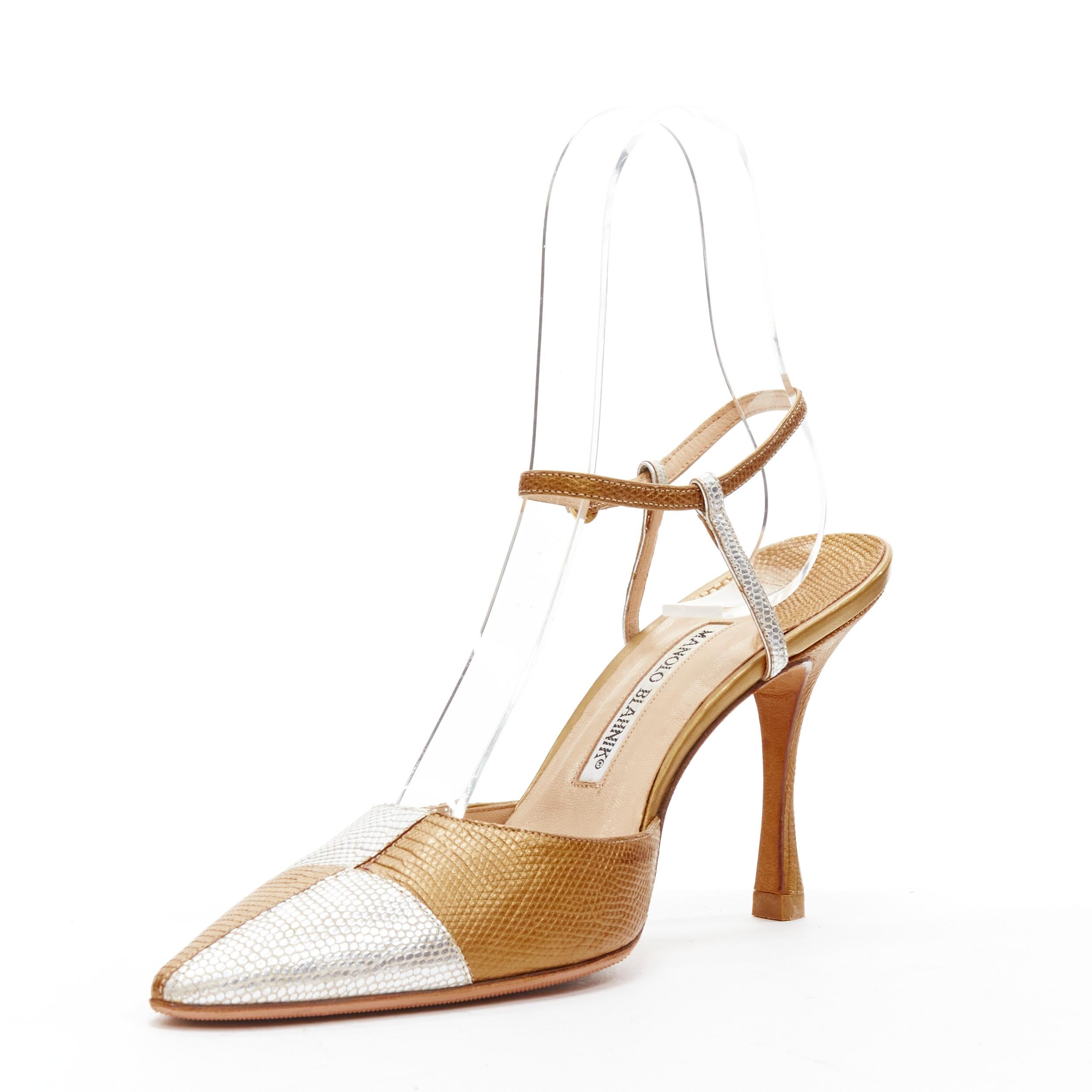 Women's MANOLO BLAHNIK gold silver scaled leather ankle strap pump heels EU38.5